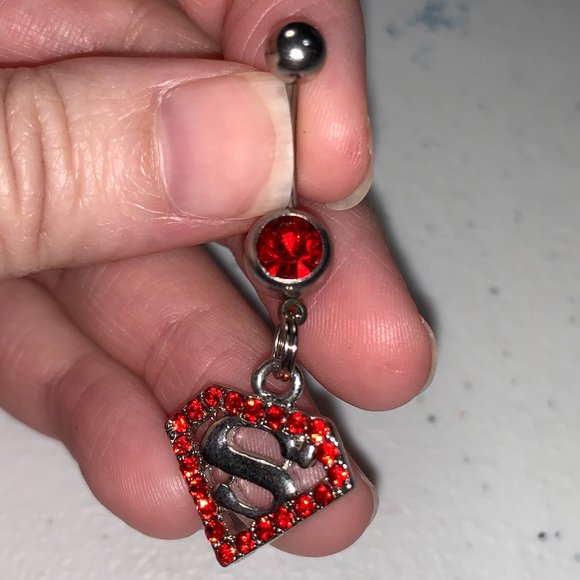 Red Super man Dangle Belly Ring, 14 gauge - Picture 1 of 5